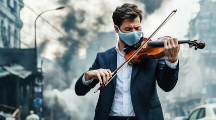 Fototapeta premium A man in a suit plays violin amidst a smoke-filled urban setting. PM 2.5 concept