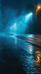 Obraz premium Dark street, wet asphalt, reflections of rays in the water. Abstract dark blue background, smoke, smog. Empty dark scene, neon light, spotlights. Concrete floor