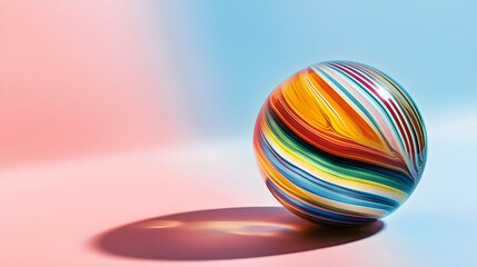 Obraz premium A colorful glass sphere with stripes, creating an abstract and vibrant composition. The sphere is placed on the right side of the frame against a gradient background that transitions from light 
