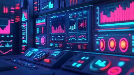 Futuristic control room with glowing screens displaying data graphs and charts.