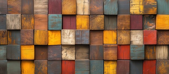Colorful wooden cube mosaic wall texture.