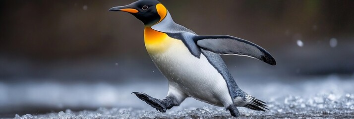 King penguin running on wet rocks, splashing water.