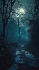Fototapeta premium Dark forest. Gloomy dark scene with trees, big moon, moonlight. Smoke, shadow. Abstract dark, cold street background. Night view