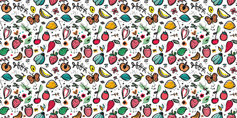 Cartoon hand-drawn doodles on the subject of summer holidays theme seamless pattern