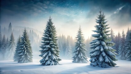Naklejka premium Snow-covered evergreen trees stand tall in a serene winter landscape with soft snowfall and misty fog, creating an atmosphere of quiet contemplation, forest tranquility, snowfall scenery