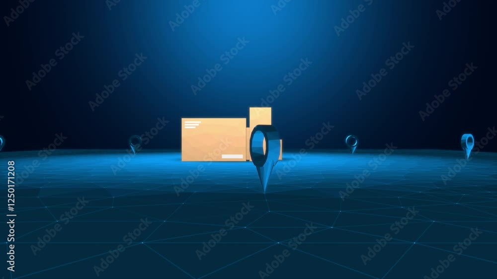 Poster global delivery concept featuring parcel boxes with pin map markers representing logistic and shippi