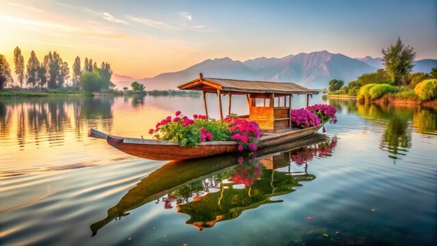 Traditional Shikara boat gently floating on serene waters of Dal Lake in Srinagar, surrounded by lush greenery and vibrant flowers