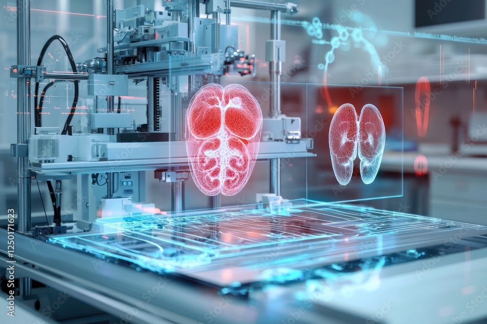 Poster modern lab visualizes 3d printing of organs using holographic technology.