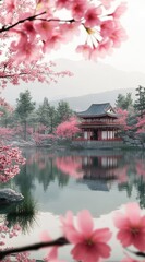 Fototapeta premium Pink Cherry Blossoms, Japanese Temple, Pond Reflection, Misty Morning