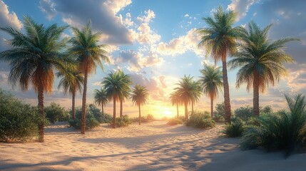 Obraz premium Serene sunset over a tropical beach with palm trees and lush greenery in the background