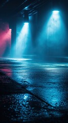 Dark street, wet asphalt, reflections of rays in the water. Abstract dark blue background, smoke, smog. Empty dark scene, neon light, spotlights. Concrete floor