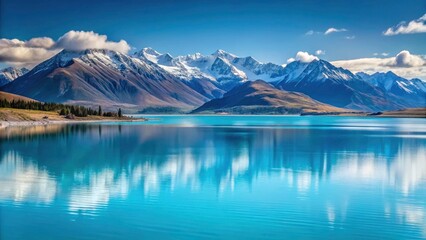 Naklejka premium Minimalist Photography of Lake Pukaki in New Zealand with Turquoise Waters and Majestic Mountain Range - Serene Landscape, Nature Beauty, Tranquil Scene