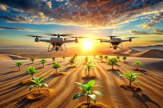 Desert Reclamation: Drones Planting Seeds & Watering Arid Land for Sustainable Agriculture
