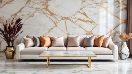 Luxury Table with Sofa Set in Living Room banner with empty space Without Text, marble luxury background, interior furniture design mockup, holiday banner poster background for advertisement ads