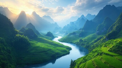 Serene landscape of lush green mountains and winding river under a bright sky at sunrise