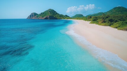 Serene tropical beach with turquoise waters, lush mountains, and clear skies, ideal for relaxation