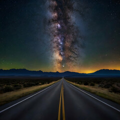 Naklejka premium A mesmerizing nighttime scene with a long, straight road illuminated by the glow of countless stars. The Milky Way stretches across the sky, and the faint silhouette of distant mountains adds depth.
