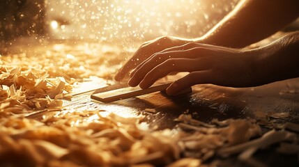 Close-up of hands using a hand plane to smooth a wooden surface, surrounded by wood shavings.