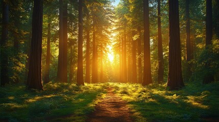 Fototapeta premium Sunlight filtering through tall trees in a serene forest, creating a magical atmosphere