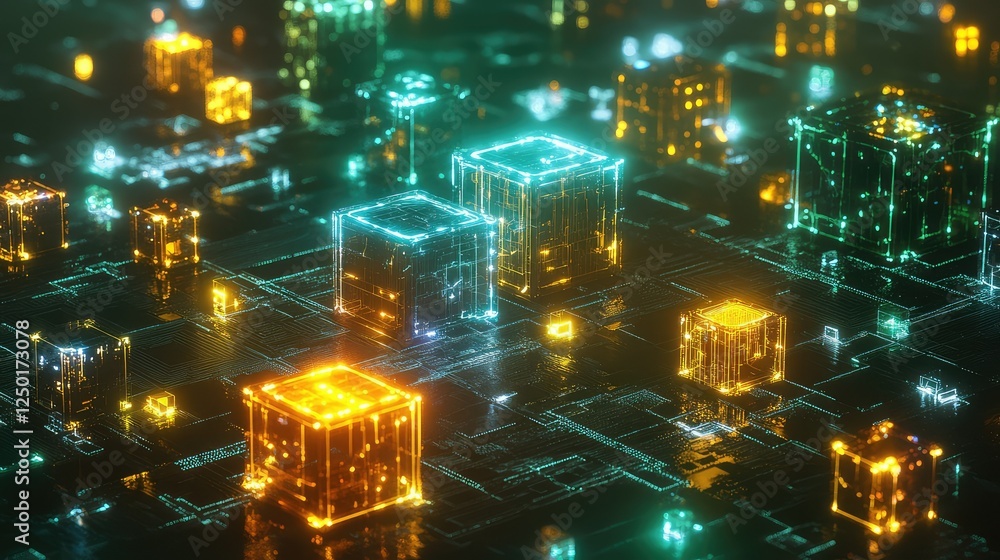 Poster futuristic digital abstract landscape with glowing neon blocks in various colors floating above a da
