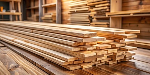Fototapeta premium wooden tongue groove boards stacked neatly on a wooden workbench, wooden planks, nature, wooden planks