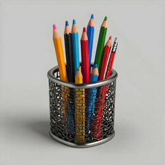 Obraz premium A pencil holder, isolated on a transparent PNG background with no signs of life. The pencil holder is simple, cylindrical or square in shape, made of smooth material like metal, plastic, or wood.
