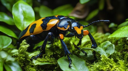 Fototapeta premium Vivid Beetle Crawling on Green Moss Surrounded by Lush Foliage, Showcasing Stunning Orange and Black Patterns in Nature's Environment