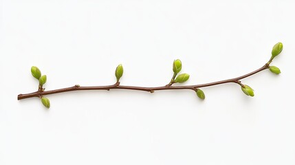 Close-up of a slender branch with budding green leaves against a plain white background