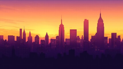 Obraz premium A vibrant sunset silhouette of a city skyline, showcasing tall buildings and architectural beauty.