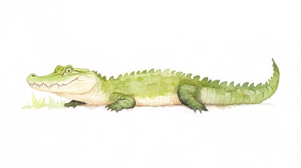 Obraz premium Illustration of a crocodile lounging on a sandy bank with soft greenery in the background