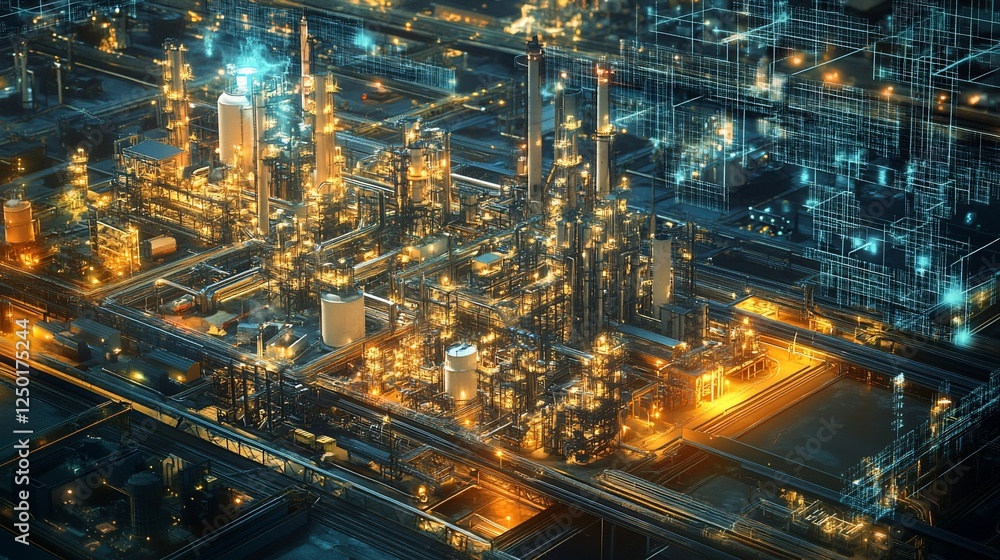 Poster illuminated industrial complex at night, showcasing intricate network of pipelines and structures.