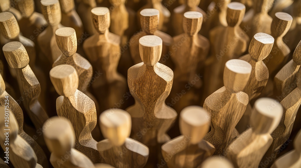 Poster a close-up view of wooden figurines arranged together to form a unique artistic composition represen