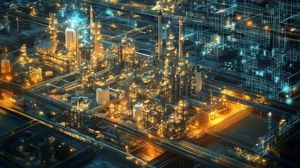 Illuminated industrial complex at night, showcasing intricate network of pipelines and structures.