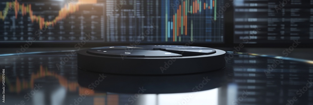Poster pie chart on reflective surface with stock market data in background.