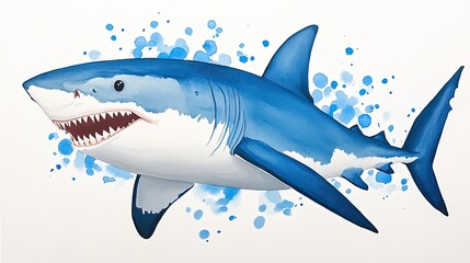 Obraz premium Illustration of a great white shark swimming amidst blue splashes, showcasing marine life