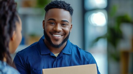 Delivery man smiling, holding package, diverse recipients, indoor