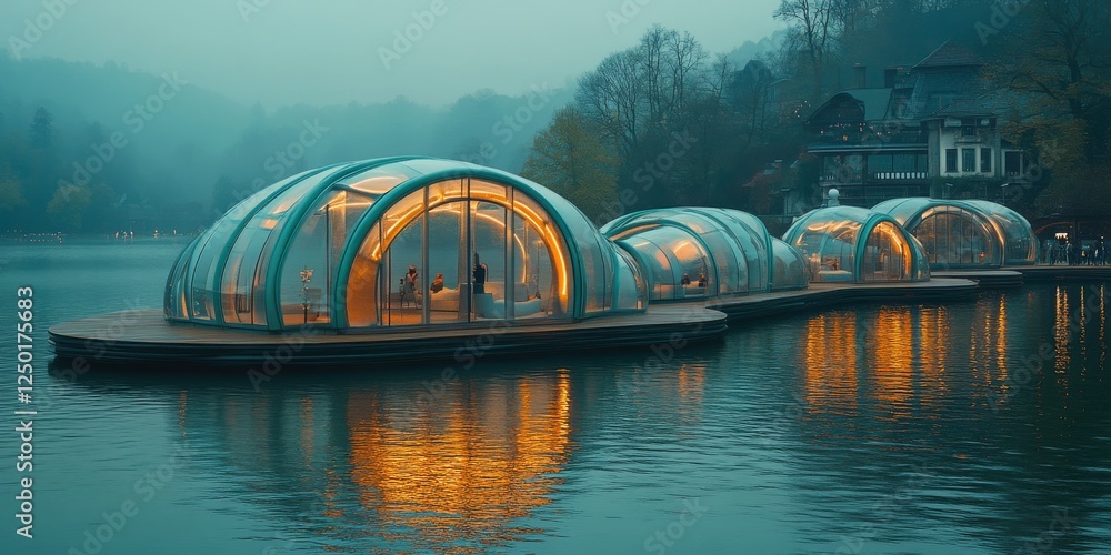 Poster enchanted floating pavilions: luminous reflections on the river's surface creating a glowing spectac