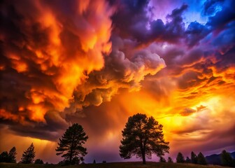 Dramatic Sunset Storm Double Exposure Stock Photo - Fiery Sky Meets Rolling Clouds