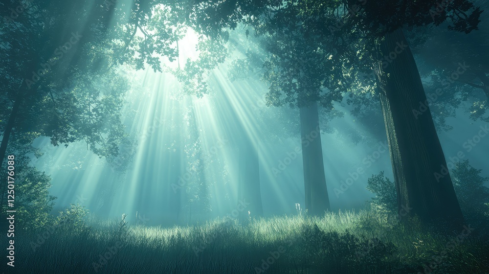 Poster ethereal forest scene with sunbeams filtering through lush trees creating a serene and mystical atmo