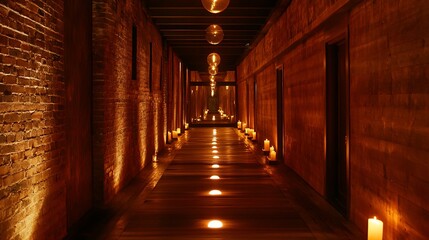 Fototapeta premium Long, dimly lit corridor with brick walls, wooden floor, candles, and lights.