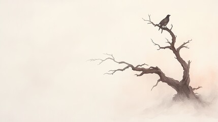 Fototapeta premium A solitary bird perched on a barren branch amidst a foggy landscape at dawn