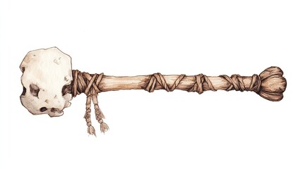 Detailed illustration of a primitive club with a skull head, showcasing craftsmanship and historical significance