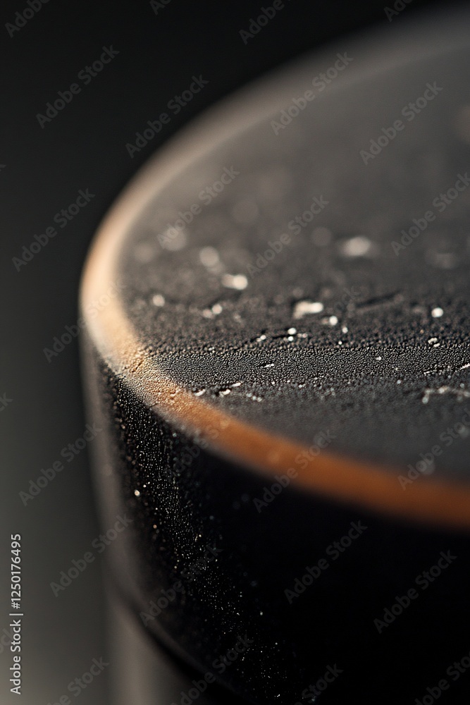 Poster close-up of a dark, textured circular surface with a subtle orange rim, showing fine details and a s
