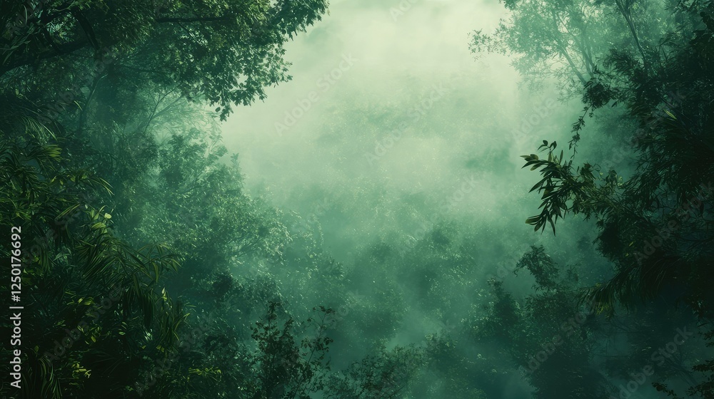 Poster serene and mysterious green jungle canopy with enveloping fog and lush foliage creating an ethereal 