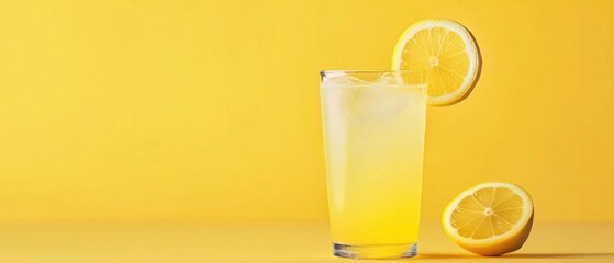 Refreshing Lemonade in Clear Glass Against Bright Yellow Background