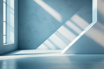 Obraz premium 3D render of an abstract minimal background with a white wall and two triangle shapes on the left side, providing empty space for product presentation.