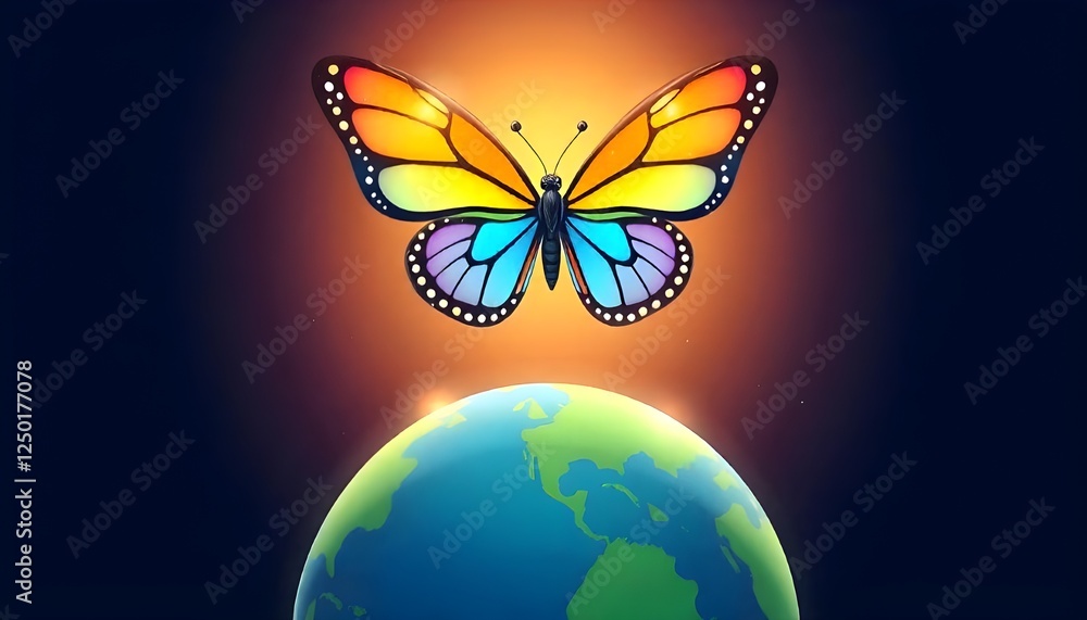 Aufkleber an illustration of a butterfly with radiant rainbow-colored wings soaring above a globe, representin