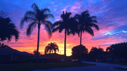 Obraz premium A vibrant sunset with palm trees silhouetted against a colorful sky.
