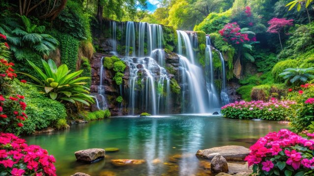 Serene waterfall surrounded by lush greenery and vibrant flowers in a natural setting , foliage, garden,  foliage, garden