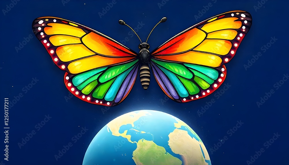 Poster an illustration of a butterfly with radiant rainbow-colored wings soaring above a globe, representin
